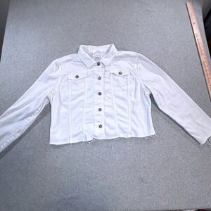 Gap Womens Cropped White Denim Jacket Size Large Raw Hem Jean Jacket Trendy